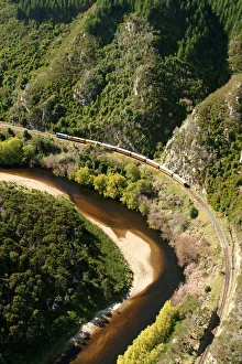 Taieri Gorge Train, Taieri Gorge, near Dunedin - aerial Taieri Gorge Train, Taieri Gorge, near Dunedin - aerial