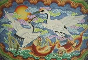 Taiwan, Peimen, Nankunshen Temple, Ceiling mural of cranes and catfish. Credit as Taiwan, Peimen, Nankunshen Temple, Ceiling mural of cranes and catfish. Credit as