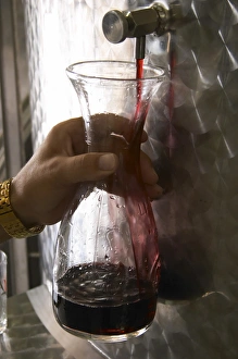 Taking a tank sample of red wine from a stainless steel tank into a glass decanter Taking a tank sample of red wine from a stainless steel tank into a glass decanter
