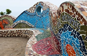 Tile ceramics on bench near ocean at the Love Park in Lima Peru Tile ceramics on bench near ocean at the Love Park in Lima Peru