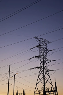 USA, Alabama, Florence. Wilson Lock and Dam, Electrical Power Lines, dawn USA, Alabama, Florence. Wilson Lock and Dam, Electrical Power Lines, dawn
