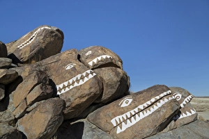 USA, California, Trona Pinnacles. Rocks painted with crocodile faces USA, California, Trona Pinnacles. Rocks painted with crocodile faces