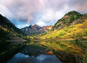 USA, Colorado, White River Wilderness, Maroon Lake, View of autumn aspens USA, Colorado, White River Wilderness, Maroon Lake, View of autumn aspens