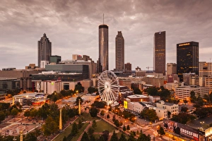 USA, Georgia, Atlanta, Centenial Olympic Park, elevated city view with ferris wheel, dusk USA, Georgia, Atlanta, Centenial Olympic Park, elevated city view with ferris wheel, dusk