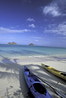 USA, Hawaii, Oahu, Lanikai Beach, Kayaks on white sand beach USA, Hawaii, Oahu, Lanikai Beach, Kayaks on white sand beach