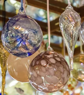 USA, Indiana. Hanging glass ornaments and baubles USA, Indiana. Hanging glass ornaments and baubles