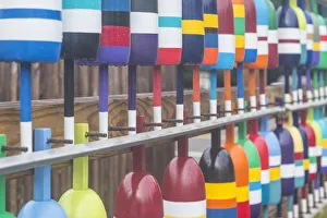 USA, Maine Cape Neddick. New lobster buoys for sale USA, Maine Cape Neddick. New lobster buoys for sale