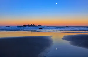 USA, Oregon, Bandon. Beach moonset at sunrise USA, Oregon, Bandon. Beach moonset at sunrise
