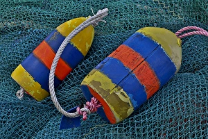 USA, Oregon, Garibaldi. Blue fishing nets with buoys USA, Oregon, Garibaldi. Blue fishing nets with buoys