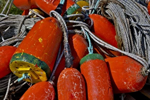 USA, Oregon, Garibaldi. Colorful crab pot buoys USA, Oregon, Garibaldi. Colorful crab pot buoys