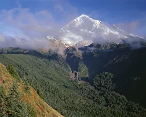 USA, Oregon. Mount Hood National Forest, Mount Hood Wilderness, Drifting clouds obscure USA, Oregon. Mount Hood National Forest, Mount Hood Wilderness, Drifting clouds obscure