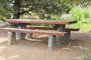 USA, Oregon, Redmond, Terrebonne. Smith Rock State Park. Picnic table and bench USA, Oregon, Redmond, Terrebonne. Smith Rock State Park. Picnic table and bench