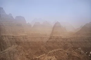 USA, South Dakota. Fog in Badlands National Park. Credit as USA, South Dakota. Fog in Badlands National Park. Credit as
