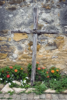 USA, Texas, Wooden cross near the chapel entrance at mission San Francisco de la USA, Texas, Wooden cross near the chapel entrance at mission San Francisco de la