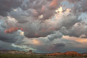 USA, Utah. Landscape with sandstone formations and clearing storm clouds at sunset USA, Utah. Landscape with sandstone formations and clearing storm clouds at sunset