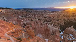 USA, Utah, Panoramic view of iconic Hoodoos at sunrise in the amphitheater of Bryce USA, Utah, Panoramic view of iconic Hoodoos at sunrise in the amphitheater of Bryce