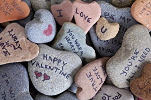 USA, Washington. Close-up of Heart Rock collection with Valentine sayings. Credit as USA, Washington. Close-up of Heart Rock collection with Valentine sayings. Credit as