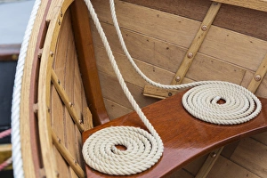 USA, Washington. Coiled line in wooden boat at the Bainbridge Island Wooden Boat Festival USA, Washington. Coiled line in wooden boat at the Bainbridge Island Wooden Boat Festival