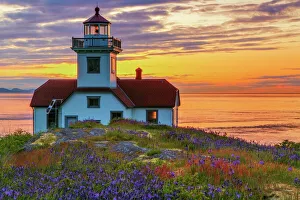 USA, Washington, San Juan Islands. Patos Lighthouse and camas flowers at sunset. Credit as USA, Washington, San Juan Islands. Patos Lighthouse and camas flowers at sunset. Credit as