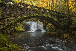 USA, Washington State, Whatcom Falls Park. Fall foliage at Whatcom Falls Bridge. Credit as USA, Washington State, Whatcom Falls Park. Fall foliage at Whatcom Falls Bridge. Credit as