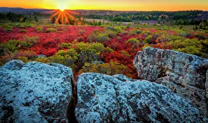 USA, West Virginia, Dolly Sods Wilderness Area. Sunset on tundra and rocks. Credit as