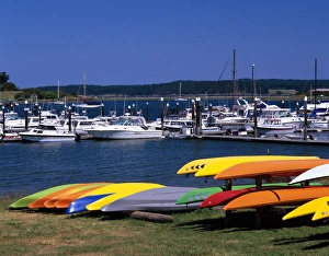 WA, Lopez Island, Fishermans Bay with kayaks and boats WA, Lopez Island, Fishermans Bay with kayaks and boats