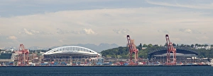 WA, Seattle, Quest Field and Safeco Field, view across Ellliott Bay, from West Seattle WA, Seattle, Quest Field and Safeco Field, view across Ellliott Bay, from West Seattle