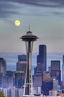 WA, Seattle, Seattle skyline with moon rising from Kerry Park WA, Seattle, Seattle skyline with moon rising from Kerry Park