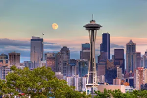 WA, Seattle, Seattle skyline with moon rising from Kerry Park WA, Seattle, Seattle skyline with moon rising from Kerry Park