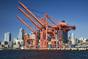WA, Seattle, Seattle skyline with shipping cranes from Elliott Bay WA, Seattle, Seattle skyline with shipping cranes from Elliott Bay