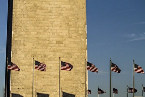 Washington, DC. Washington Monument and two lines of American Flags Washington, DC. Washington Monument and two lines of American Flags