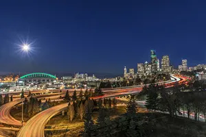 Washington State, Seattle. Full Moon Over Downtown Washington State, Seattle. Full Moon Over Downtown