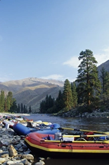 Whitewater rafts at Otter Bar campsite, Middle Fork of the Salmon River, Idaho, United Whitewater rafts at Otter Bar campsite, Middle Fork of the Salmon River, Idaho, United