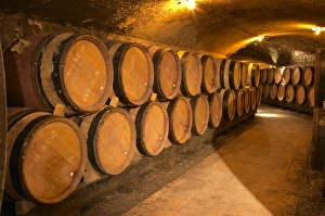 Wooden barrels with aging wine in an underground corridor in the cellar of Guigal in Wooden barrels with aging wine in an underground corridor in the cellar of Guigal in