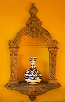 Yellow Adobe Wall, Blue White Mexican Vase, Guadalajara Mexico Yellow Adobe Wall, Blue White Mexican Vase, Guadalajara Mexico