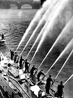 Fireboat Massey Shaw with eight hoses pumping Fireboat Massey Shaw with eight hoses pumping