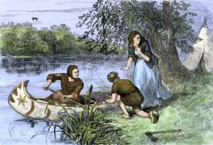 Prints of Hannah Duston and two other captives escaping from Abenaki Indians on the Merrimac River, New Hampshire, 1697. Hand-colored woodcut of a 19th-century illustration Hampshire Prints: Hannah Duston Print: Woodcut illustration of a 1697 escape