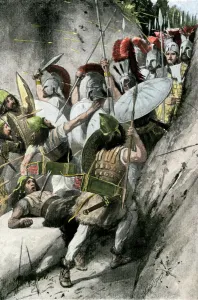 Prints of Greeks under Leonidas holding off the Persian invasion at Thermopylae, 480 BC. Hand-colored halftone reproduction of a 19th-century illustration Greece Prints: Print of Ancient Greeks at Thermopylae, 480 BC