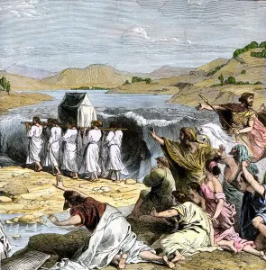 Hand-colored woodcut print of Jews crossing the Jordan River with the Ark
