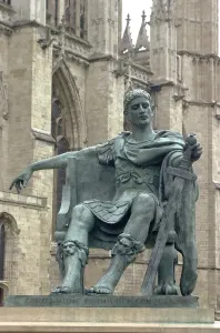 Prints of Statue of Constantine the Great at York, England, where he was proclaimed Roman Emperor in 306 AD. In the background is the cathedral, York Minster. Digital photograph York Prints: Print of Constantine the Great Statue in York, England