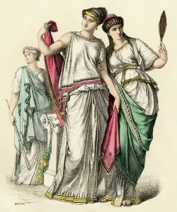Prints of Ancient Greek women and a priestess (background). Antique hand-colored print Greece Prints: Ancient Greek Women and Priestess Antique Hand-Colored Print