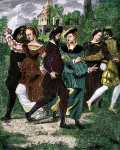 Prints of Couples dancing in Tudor England, 1500s. Hand-colored 19th-century woodcut reproduction of a painting by Holbein and Janet Dance Prints: Tudor Couples Dancing Woodcut Print