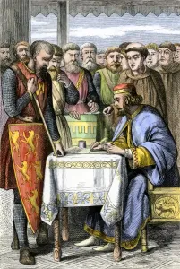 Print of King John endorsing the Magna Carta