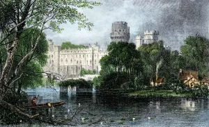 Prints of Norman castle in Warwick on the Avon, England. Hand-colored woodcut of a 19th-century illustration Avon Prints: Norman Castle Warwick Print