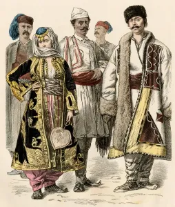 Prints of People from the Balkan states, a Bulgarian man at right. Antique hand-colored print Bulgaria Prints: Antique Hand-Colored Print of Balkan People, 1800s