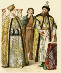 Prints of Russian boyars, or nobles, during the time of Peter the Great, 1600s-1700s. Antique hand-colored print Russia Prints: 17th Century Russian Boyars Print