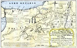 Six Nations Prints: Hand-colored woodcut print of 18th-century Iroquois Nations map