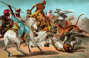 Caravan Prints: Arab Caravan Under Tiger Attack Print