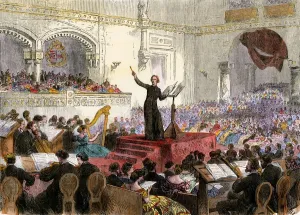 Prints of Franzi Liszt conducting his new Oratorio at Budapest, Hungary, 1860s. Hand-colored woodcut of a 19th-century illustration Hungary Prints: Franz Liszt Conducting Print