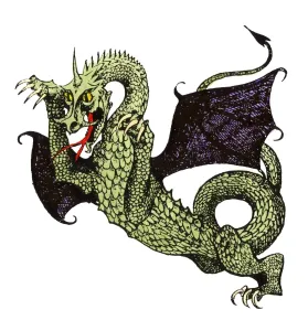 Mythical Beast Prints: Demonic Horned Dragon Print, Hand-colored Woodcut